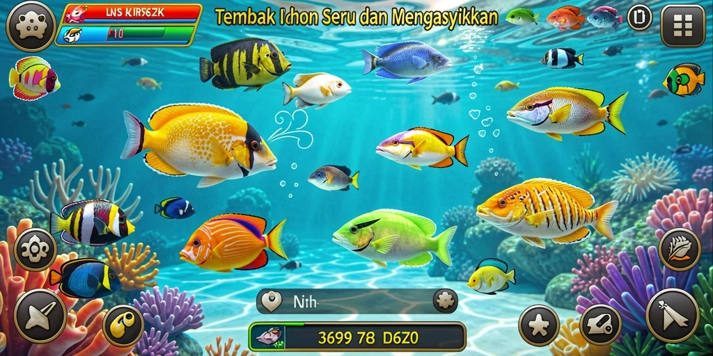Screenshot permainan Tembak Ikan yang penuh warna dan seru.