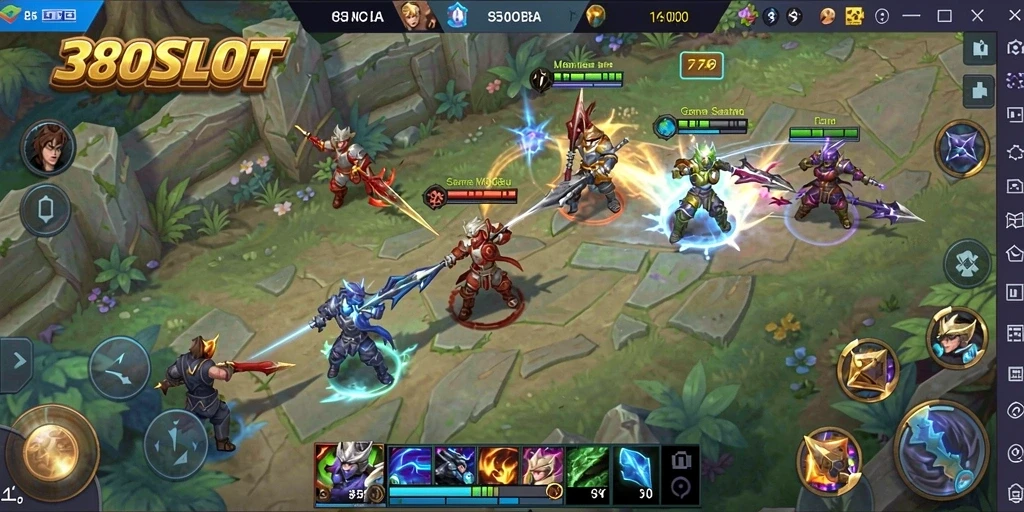 Tampilan gameplay seru dalam 380SLOT, menunjukkan aksi MOBA yang mendebarkan.