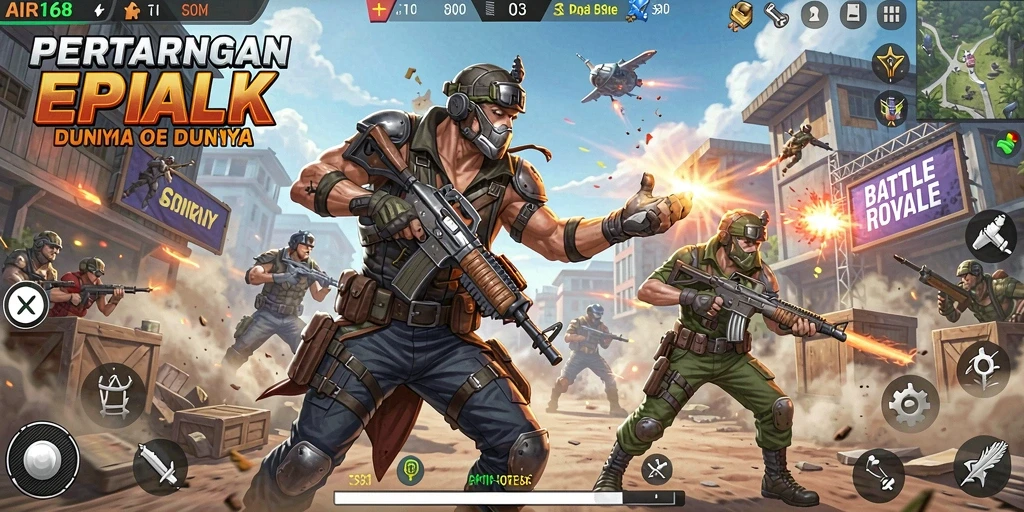 Screenshot dari gameplay AIR168 yang mendebarkan di arena Battle Royale.