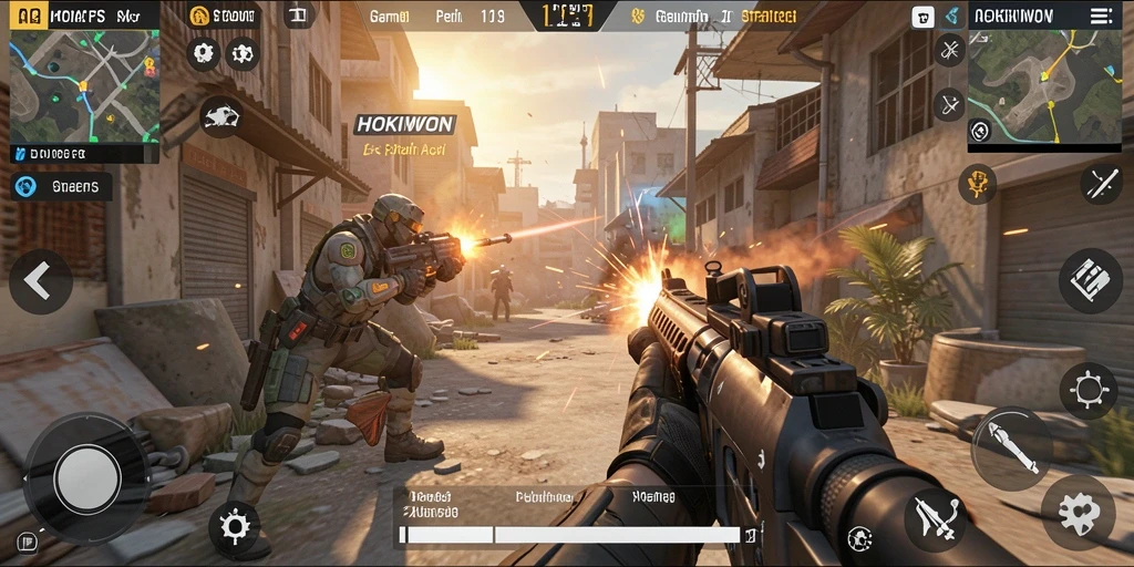Tampilan gameplay mendebarkan dari HOKIWON dengan aksi tembak-menembak yang intens.