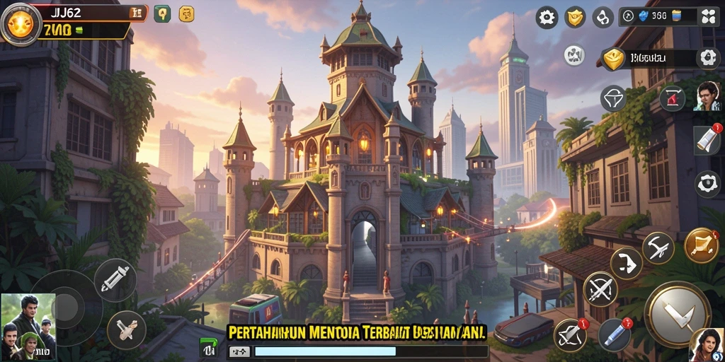 Screenshot gameplay JJ62 yang menampilkan menara tengah bertahan dari serangan musuh.