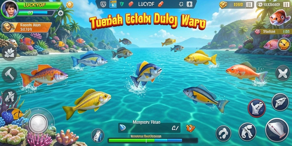 Screenshot gameplay LUCKYDF menunjukkan aksi menembak ikan yang seru.
