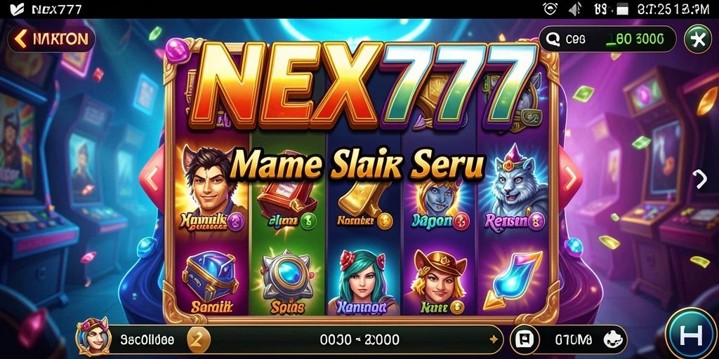 Screenshot gameplay NEX777 yang menunjukkan gulungan berputar dan simbol kemenangan.