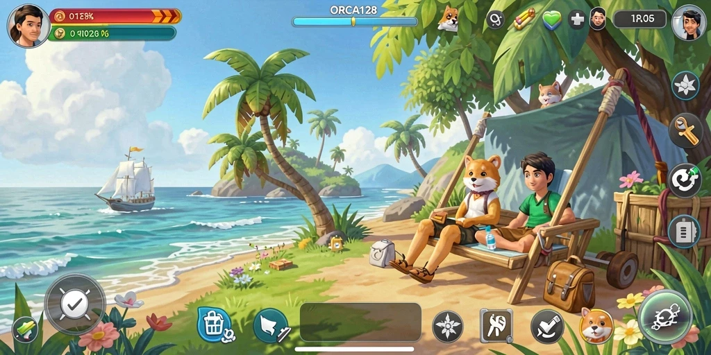Tangkapan layar gameplay ORCA128 yang menyenangkan dan penuh warna.