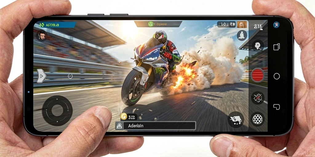 Screenshot gameplay S13 menampilkan aksi balapan motor yang mendebarkan.