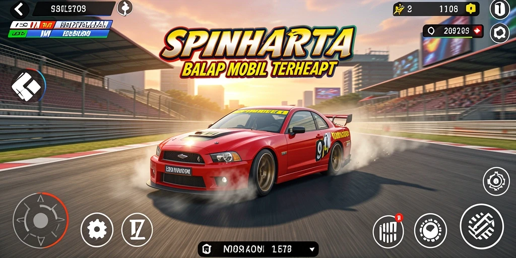 Screenshot gameplay SPINHARTA menampilkan balapan mendebarkan di lintasan berliku.