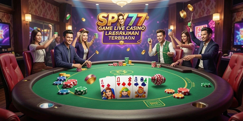 Screenshot gameplay SPY77 menunjukkan dealer profesional dan suasana kasino yang nyata.