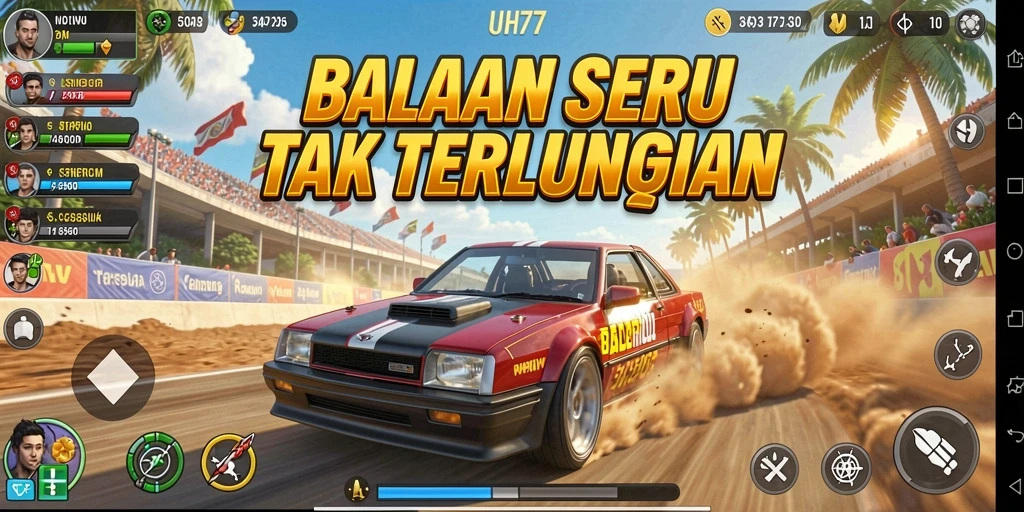 Screenshot utama UH77 menampilkan momen balapan yang mendebarkan.