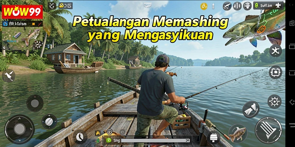 Tampilan gameplay <strong>WOW99</strong> yang penuh warna dan menarik saat memancing.