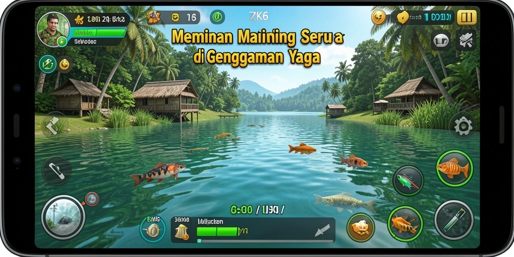 Screenshot gameplay ZK6 menampilkan pengalaman memancing yang mendebarkan.